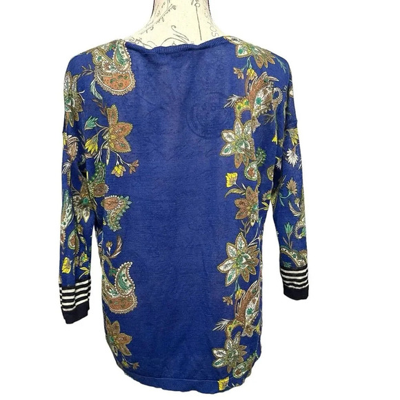 Ann Taylor LOFT Paisley Floral Semi Sheer Top Size Large Blue 3/4 Sleeve - Picture 2 of 7